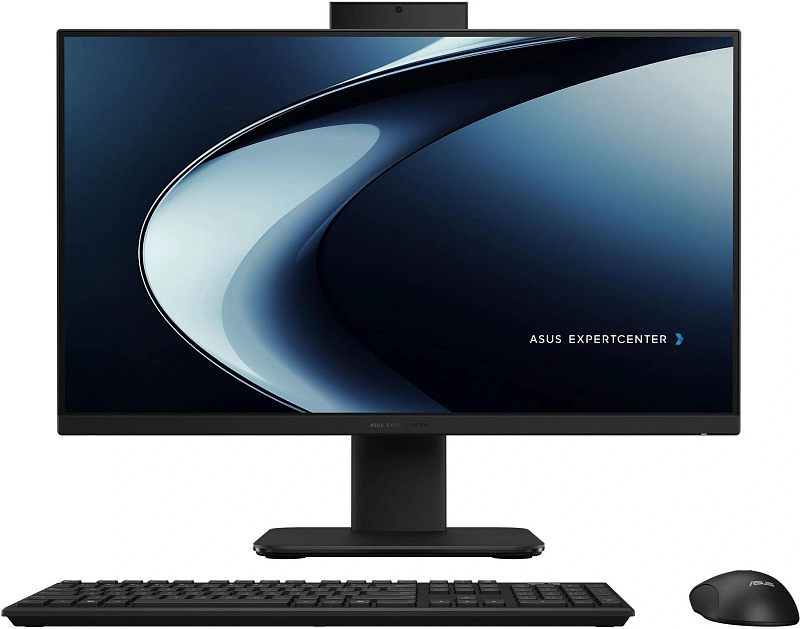 Фото-1 Моноблок ASUS P470VAK BPE2970, вид спереди в комплекте; на фото экран 27 дюймов с тонкими рамками, выдвижная веб-камера сверху, чёрная стойка с прямоугольным основанием, а также клавиатура и мышь ASUS перед устройством, изображение показывает комплект поставки и лицевую часть модели.