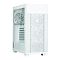 Фото-6 Корпус Zalman S5 Neo White, вид спереди-сбоку: белый корпус с фронтальной сеткой и тремя вентиляторами за ней без подсветки, через стекло виден задний вентилятор &mdash; показывает внешний вид корпуса при нейтральном освещении вентиляторов.