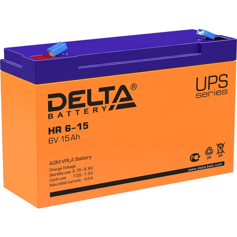 Фото-1 Аккумулятор для ИБП Delta HR 6-15, боковой вид; оранжевый корпус UPS series и фиолетовая крышка; сверху клеммы Faston с голубыми колпачками и красной отметкой полярности — важно для выбора аккумулятора 6V и ориентации при подключении в ИБП.