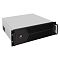 Фото-1 Корпус Exegate Pro 3U450-12 rack, чёрный и серебристый, вид спереди слева; на фото показаны две широкие перфорированные секции на передней панели, диагональная центральная перемычка, блок USB и индикаторов слева и две стойковые ручки; фото помогает оценить фронтальную вентиляцию и элементы управления корпуса.