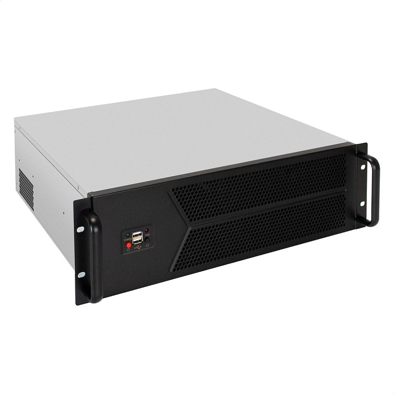 Фото-1 Корпус Exegate Pro 3U450-12 rack, чёрный и серебристый, вид спереди слева; на фото показаны две широкие перфорированные секции на передней панели, диагональная центральная перемычка, блок USB и индикаторов слева и две стойковые ручки; фото помогает оценить фронтальную вентиляцию и элементы управления корпуса.