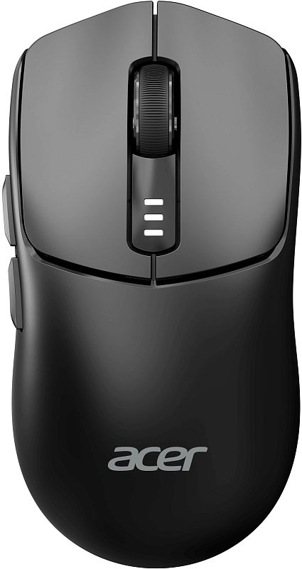 Фото-1 Беспроводная мышь Acer OMR312, чёрная, вид строго сверху; показаны колесо прокрутки, три белых индикатора под колесом, логотип acer и две боковые кнопки на левой стороне. Изображение для карточки товара, чтобы показать верхнюю компоновку и элементы управления.