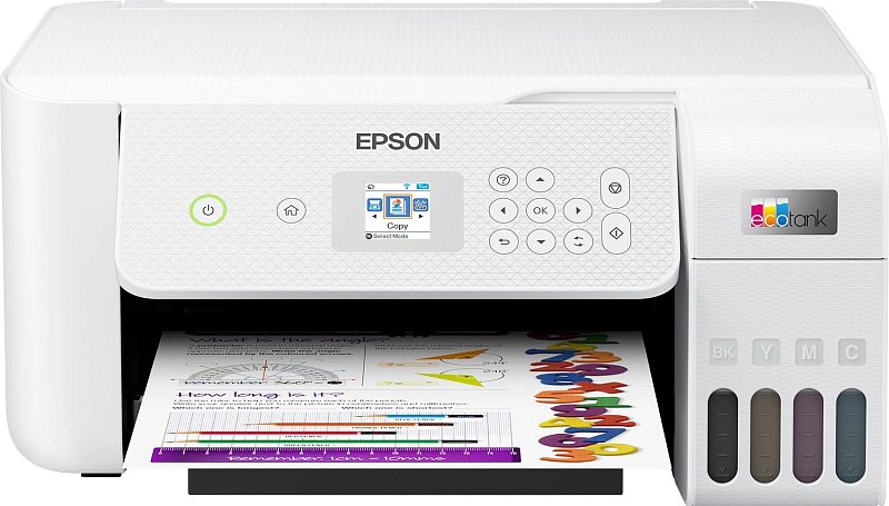 Фото-1 МФУ Epson EcoTank L3266 A4, фронтальный вид; показан белый корпус, цветной дисплей и кнопки управления, встроенные фронтальные ёмкости BK Y M C и лист с цветной печатью в лотке; изображение на белом фоне важно для страницы товара, чтобы показать панель управления и систему чернильных резервуаров.