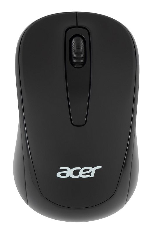 Фото-1 Мышь Acer OMR133, беспроводная, чёрный цвет, вид сверху; показаны симметричный корпус, рифлёное колесо прокрутки и логотип Acer на задней части; изображение важно для страницы товара, потому что показывает верхнюю компоновку и общий силуэт модели.