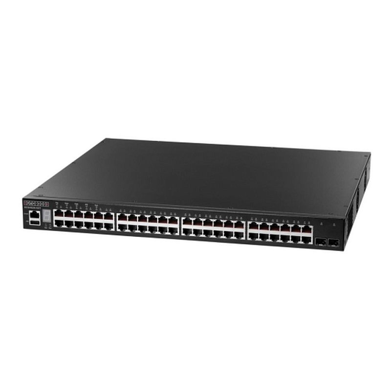 Фото-1 Коммутатор Edgecore ECS4620-52T, вид спереди сверху под углом. На фото длинный чёрный корпус; на лицевой панели слева сервисный блок, по центру 48 портов RJ-45, справа два SFP-порта и индикаторы. Изображение показывает плотность портов и фронтальную компоновку модели.