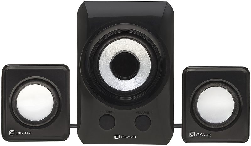 Фото-1 Компьютерные колонки Oklick OK-420 2.1, фронтальный вид комплекта; показаны сабвуфер по центру и две сателлитные колонки, на передней панели видны динамики с серебристыми кольцами; чёрный комплект на светлом фоне для страницы товара акустики.