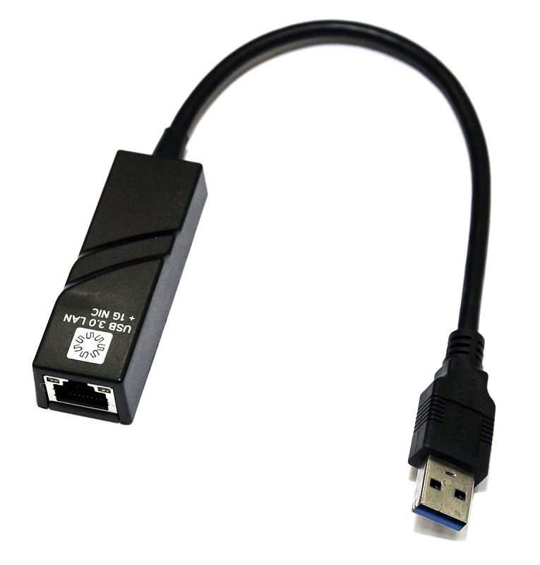 Фото-1 USB сетевой адаптер 5Bites UA3‑45‑01BK, вид под углом на белом фоне: чёрный корпус с портом RJ‑45 и короткий кабель с USB‑A штекером с синей вставкой. Показывает разъёмы подключения, важно для страницы товара.