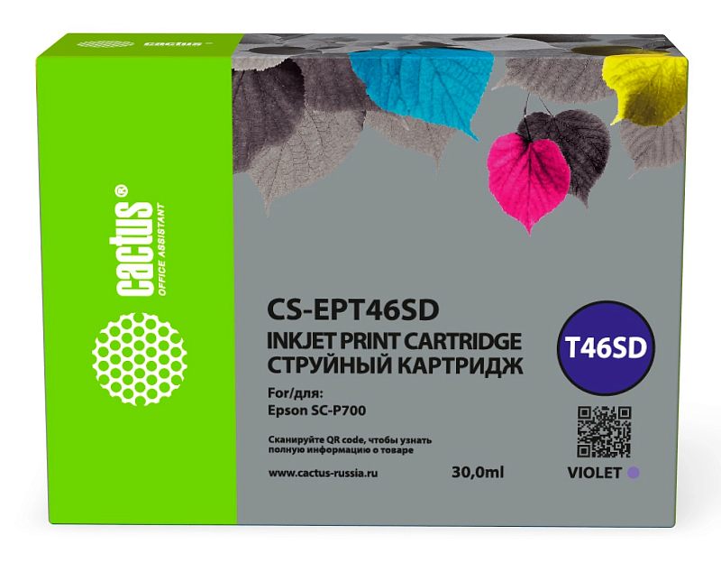 Фото-1 Струйный картридж Cactus CS-EPT46SD T46SD, фронтальный вид коробки; коробка с зелёной боковой панелью, серой лицевой частью с рисунком листьев, маркировкой T46SD и объёмом 30 мл, цвет violet; фото упаковки помогает идентифицировать цвет и серию расходного материала на странице товара.
