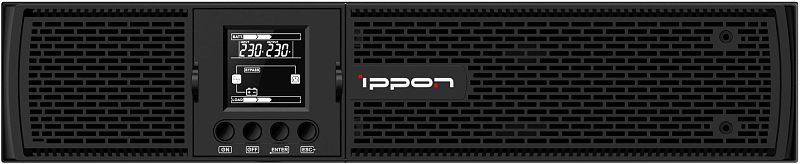 Фото-1 ИБП Ippon RTB 1000, вид спереди для стойки; на фото чёрная фронтальная панель 2U с перфорированными решётками, центральным экраном и четырьмя круглыми кнопками под дисплеем; изображение на белом фоне для карточки товара, показывает лицевую часть rack-модели, что важно для оценки управления и монтажа в стойку.