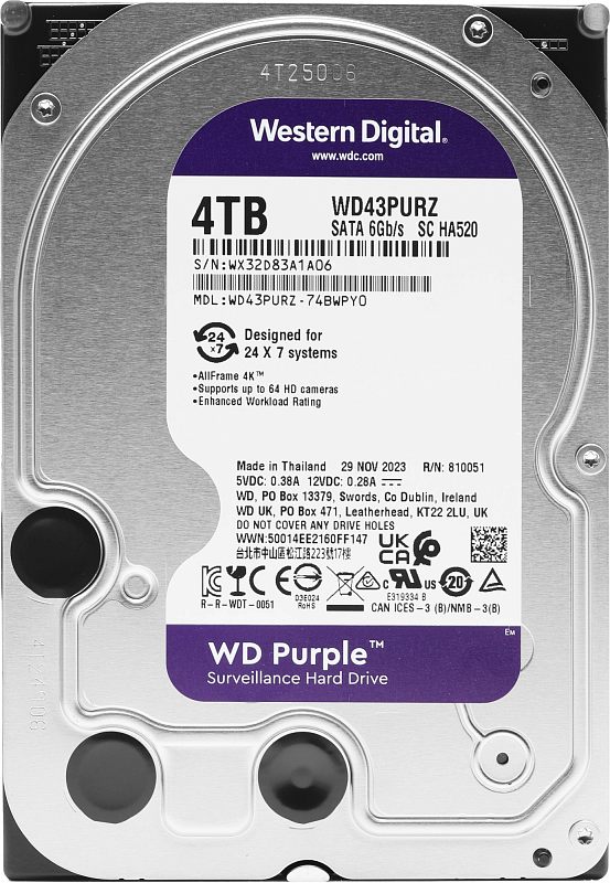 Фото-1 Жёсткий диск 3.5" Western Digital WD Purple WD43PURZ — вид сверху, фиолетово‑белая этикетка WD Purple с маркировкой WD43PURZ и указанием 4TB на серебристой крышке, видны винты и монтажные отверстия на белом фоне; важно для сверки модели и серии диска на странице товара.