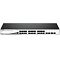 Фото-3 Коммутатор D-Link DGS-1210-28/ME, фронтальный вид; на фото показаны 24 Ethernet-порта, четыре SFP-слота справа, консольный порт слева и ряд светодиодных индикаторов над портами, корпус чёрного и светло-серого цвета; изображение помогает рассмотреть лицевую панель и набор интерфейсов на странице товара.