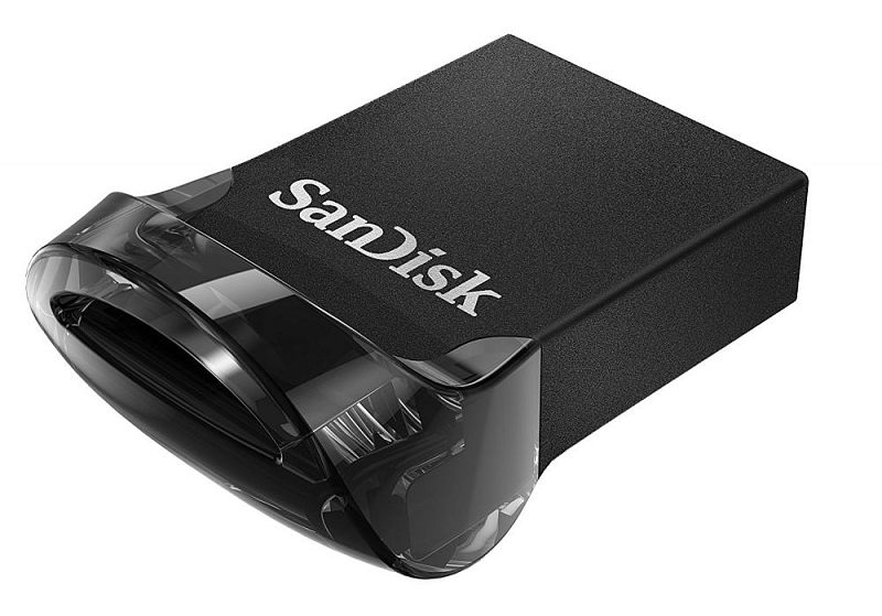 Фото-1 USB‑накопитель SanDisk Ultra Fit 16GB (SDCZ430), чёрный с прозрачным колпачком — ракурс под углом: компактный корпус, на верхней панели логотип SanDisk, колпачок закрывает область разъёма, на белом фоне; важно для страницы, чтобы увидеть мини‑формат и внешний вид в собранном виде.