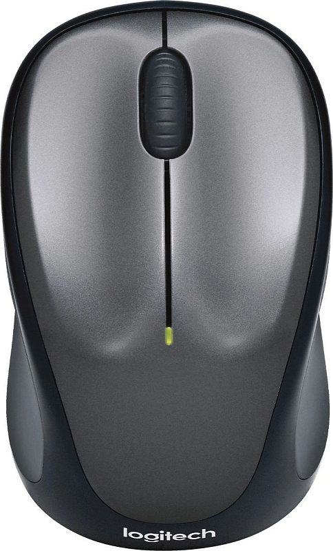 Фото-1 Беспроводная мышь Logitech M235, серый верх и тёмные боковины, вид сверху; показаны две кнопки, тёмное колесо прокрутки и зелёный индикатор под центральным швом, корпус симметричной формы; изображение на белом фоне для страницы товара и обзора верхней панели.