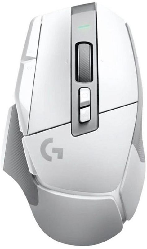 Фото-1 Мышь Logitech G502 X Lightspeed, вид сверху под углом; белый корпус с серой центральной вставкой, крупным колесом прокрутки, двумя верхними кнопками под колесом и зелёным индикатором, слева виден упор под большой палец; фото показывает основную раскладку органов управления для страницы товара беспроводной мыши.