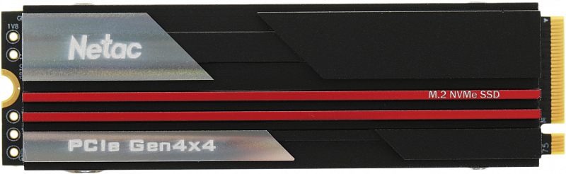 Фото-1 SSD Netac NV7000 M.2 2280 1 ТБ, вид сверху на модуль с радиатором; на фото чёрный корпус охлаждения с красными полосами, логотип Netac и длинная плата M.2; изображение показывает внешний вид накопителя для карточки товара.