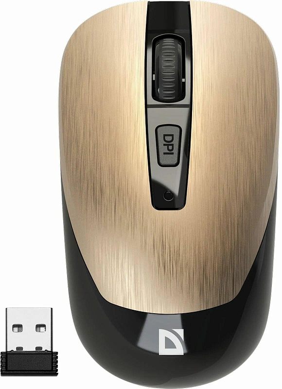 Фото-1 Беспроводная мышь Defender Wave MM-995, бронзовая, вид сверху; на фото видны колесо прокрутки, кнопка DPI, индикатор под ней, вставка под шлифованный металл и отдельно показан USB-ресивер, что важно для страницы товара с комплектом и органами управления.