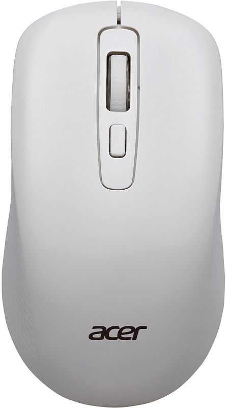 Фото-1 Беспроводная мышь Acer OMR309, белая, вид сверху; на фото видны колесо прокрутки, кнопка переключения DPI под колесом, логотип Acer и узкие рельефные вставки по бокам, что важно для страницы товара с базовым внешним видом модели.