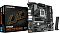 Фото-4 Материнская плата Gigabyte B760M DS3H WIFI6E GEN5 &mdash; фото с упаковкой и антенной: плата на белом фоне рядом с коробкой UD, отдельно показана чёрная Wi‑Fi‑антенна; видны сокет LGA1700, четыре слота DDR5 и радиаторы, что помогает идентифицировать модель и комплектацию для сборки.