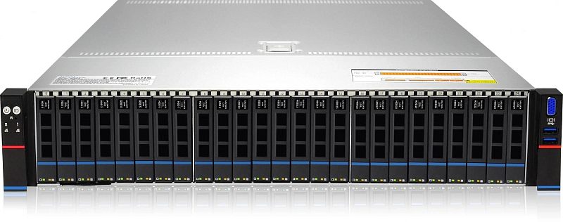 Фото-1 Сервер iRU G2225P 25x3.5 Rack 2U, вид спереди справа под углом; видны многочисленные фронтальные дисковые отсеки, металлическая верхняя крышка, боковая стенка шасси и передний блок интерфейсов с VGA и двумя USB-портами; ракурс помогает оценить форму 2U-корпуса и компоновку накопителей на странице товара сервера.
