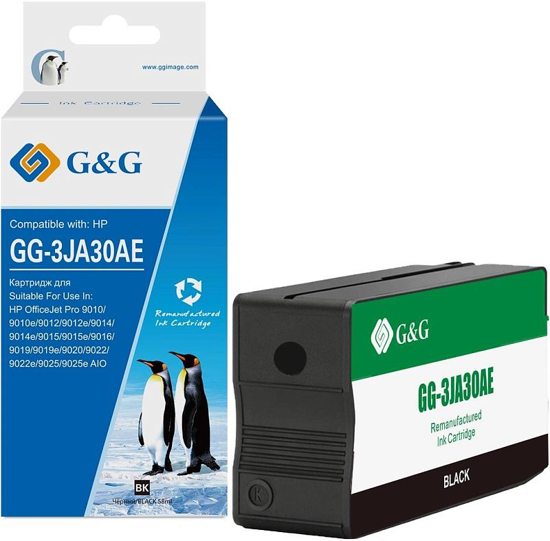 Фото-1 Картридж G&G GG-3JA30AE, комплект спереди; слева показана коробка G&G Compatible with HP, справа — чёрный картридж с зелёно-белой лицевой этикеткой, маркировкой GG-3JA30AE и обозначением Black, в товарных данных указан ресурс 2000 стр; изображение показывает упаковку и картридж для страницы товара.