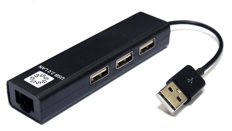 Фото-1 Сетевая карта 5Bites UA2-45-06BK, USB-адаптер на RJ-45 с тремя портами USB-A, вид сверху на белом фоне; чёрный корпус, разъём RJ-45 на торце и три гнезда USB-A сбоку. Показывает набор портов для подключения Ethernet и USB-устройств, что важно при выборе по конфигурации разъёмов.