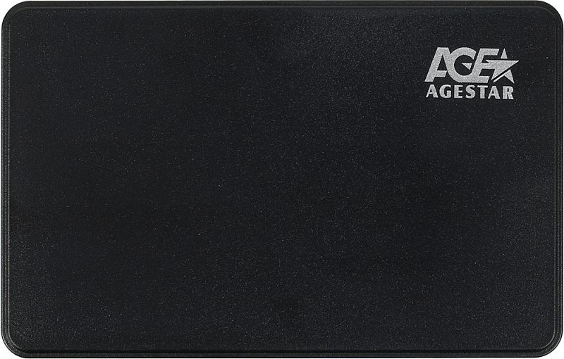 Фото-1 Внешний корпус для HDD/SSD 2.5" AgeStar 3UB2P2, вид сверху на крышку с логотипом, чёрный пластик с мелкой текстурой и скруглёнными углами на белом фоне — чтобы увидеть внешний дизайн и маркировку модели.