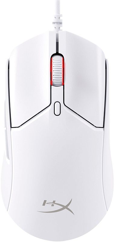 Фото-1 Проводная мышь HyperX Pulsefire Haste 2, вид сверху; на фото белый корпус, белый кабель, колесо прокрутки с красной подсветкой и кнопка за колесом, изображение показывает верхнюю компоновку для карточки товара.