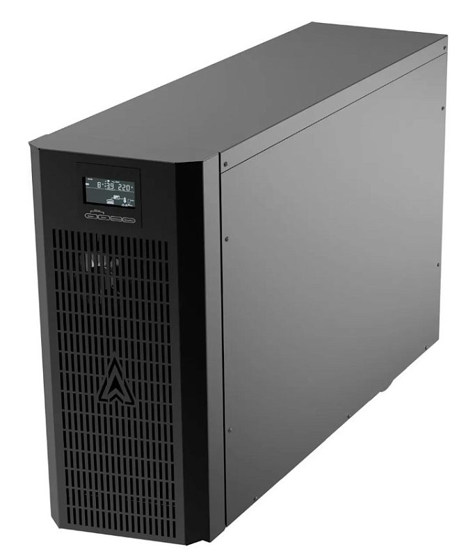 Фото-1 ИБП Импульс ФОРА 6000 VA FF60201, вид спереди слева; высокий чёрный tower-корпус, небольшой дисплей в верхней части и передняя вентиляционная решётка; основное фото показывает внешний вид и лицевую панель на странице товара.