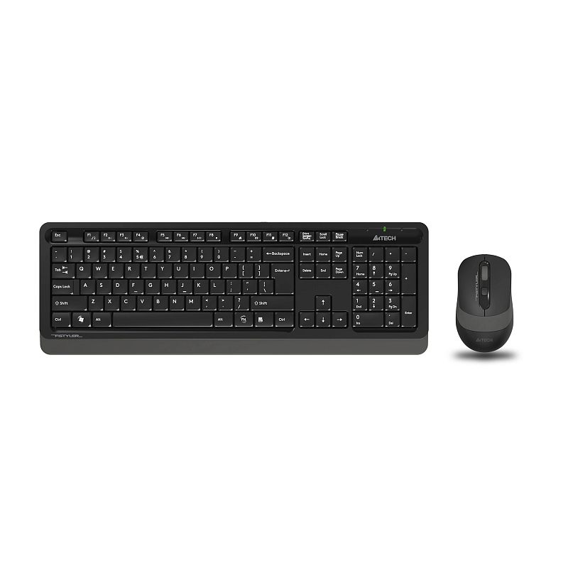 Фото-1 Комплект клавиатура и мышь A4Tech FG1010, вид спереди на белом фоне: чёрная клавиатура с графитовой нижней вставкой и мышь; демонстрация состава набора для страницы товара.
