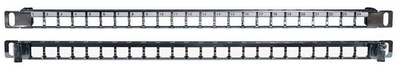 Фото-1 Патч‑панель Hyperline PPBLHD‑19‑24S‑SH‑RM (0,5U), фото двух деталей: лицевая рамка с 24 окнами и нумерацией 1–24 и отдельная задняя планка‑органайзер; металлическая, показывает конструкцию «под модули» на странице товара.