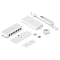 Фото-5 Коммутатор Ubiquiti UniFi Switch Ultra 210W в комплекте поставки, вид сверху на белый корпус с восемью портами RJ45, внешний блок питания, сетевой кабель, монтажные пластины, винты и дюбели; фото показывает аксессуары и варианты установки для страницы PoE-коммутатора.