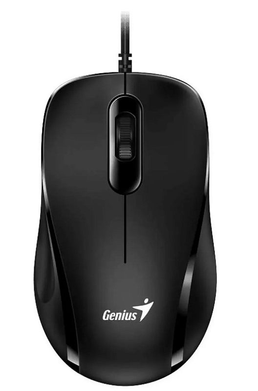 Фото-1 Мышь Genius DX-101, вид строго сверху; на фото чёрная проводная мышь с колесом прокрутки в центральной вставке, симметричным корпусом и кабелем, выходящим спереди; изображение для карточки товара показывает базовую компоновку элементов и форму корпуса для повседневной работы.