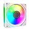 Фото-1 Корпусный вентилятор ALSEYE Mirror W-P, вид спереди под углом; белая рамка с серыми угловыми вставками и вентиляционные прорези по периметру, крыльчатка подсвечена градиентом (голубой‑фиолетовый‑розовый); на боковой панели световая вставка зелёного оттенка; важно для оценки дизайна подсветки в корпусе ПК.