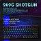 Фото-13 Механическая клавиатура Oklick 969G Shotgun, промо-изображение на тёмном фоне; клавиатура с многоцветной подсветкой показана перед монитором с надписью 969G Shotgun, провод выведен вверх по центру; фото связывает внешний вид устройства с темой страницы товара.