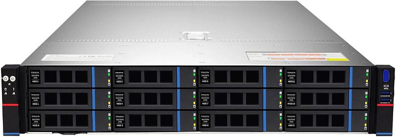 Фото-1 Сервер iRU G2212P 12x3.5 Rack 2U, фронтальный вид; чёрная передняя панель с двенадцатью отсеками под накопители в три ряда, кнопками и индикаторами слева, портами VGA и USB справа, сверху видна серая крышка; важен для страницы товара, потому что показывает компоновку лицевой панели.