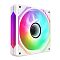 Фото-2 Корпусный вентилятор ALSEYE Mirror W-P, ракурс спереди под углом; белая рамка с серыми угловыми накладками, прозрачные лопасти и подсветка с градиентом, на боковой панели вертикальная световая вставка фиолетового оттенка; показывает форму корпуса и распределение подсветки при установке в ПК.