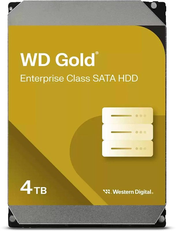 Фото-1 Жёсткий диск WD Gold WD4004FRYZ 4 ТБ, фронтальный вид; видна золотистая лицевая наклейка, серебристые верхние панели и чёрные крепёжные углы корпуса 3.5 дюйма, фото помогает распознать серию и внешний вид HDD на странице товара.