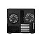 Фото-4 Корпус ПК Fractal Design Node 804, чёрный &mdash; вид сзади; два крупных круглых выреза с решётками под вентиляторы, четыре слота расширения и вертикальная перфорация сбоку. Контекст: показ задней компоновки для установки вентиляторов и плат расширения.