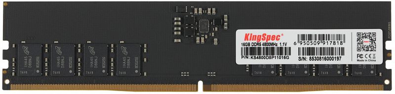 Фото-1 Модуль памяти KingSpec KS4800D5P11016G, обратная сторона с наклейкой. На фото чёрная плата DIMM без радиатора, белая этикетка KingSpec со штрихкодом и QR-кодом, вокруг видны микросхемы и золотистые контакты. Для страницы товара это показывает маркировку модуля и исполнение платы.