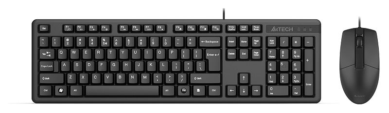 Фото-1 Проводной комплект клавиатуры и мыши A4Tech KK-3330S USB — вид сверху: полноразмерная клавиатура с цифровым блоком и мышь справа, кабели выходят сверху; чёрный пластик. Для страницы набора показывает комплектность и наличие numpad.