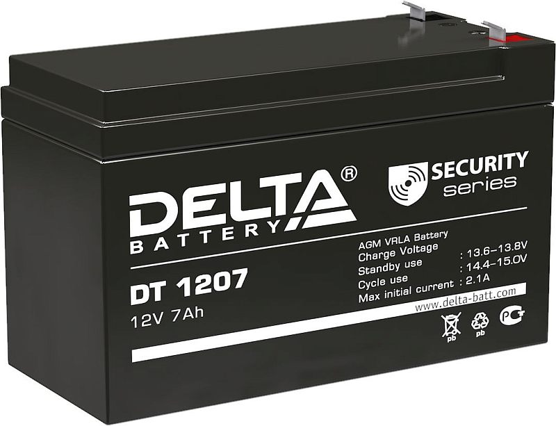 Фото-1 Аккумулятор для ИБП Delta DT 1207, вид под углом на лицевую сторону с логотипом; чёрный корпус с маркировкой «DT 1207», сверху два плоских вывода и красная вставка полярности; на белом фоне — для идентификации модели и компоновки верхних клемм.