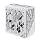 Фото-7 Блок питания для ПК ASUS ROG Strix 1000W Platinum White Edition, крупный план боковой панели вентилятора. Видны белая решётка с геометрическим рисунком, белые лопасти вентилятора и винты крепления по углам. Этот кадр нужен для показа конструкции охлаждения на странице товара.