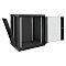 Фото-2 Настенный шкаф ExeGate EC-WM 12U 450 Black, корпус с открытой дверью и снятой боковой панелью; чёрный металлический каркас, стеклянная дверь на петлях, четыре монтажные стойки с квадратными отверстиями; изображение важно для страницы товара, чтобы показать внутреннюю компоновку и боковой доступ.