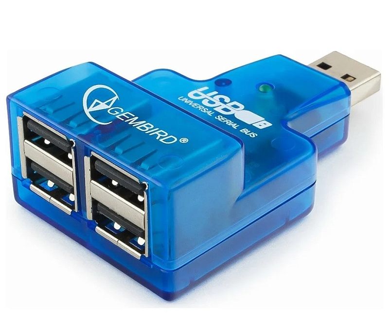 Фото-1 USB-хаб Gembird UHB-CN224 — вид под углом: полупрозрачный синий корпус с встроенным штекером USB-A, спереди четыре порта USB-A (2×2), на корпусе видны надписи Gembird и USB; предметная съёмка, чтобы показать форм-фактор мини-хаба без кабеля.