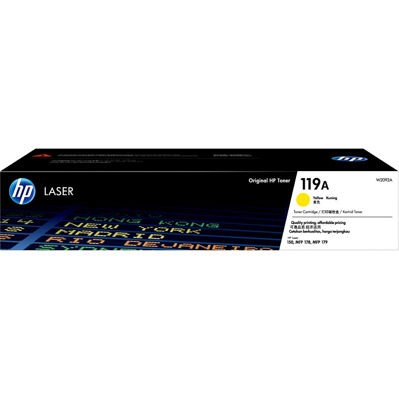 Фото-1 Тонер-картридж HP 119A W2092A, лазерный, жёлтый, 1000 стр — фронтальный вид длинной коробки: чёрная упаковка HP Laser с маркировкой 119A Yellow, логотипом HP и цветным графическим принтом; изображение показывает цветовую маркировку и модель расходника для страницы товара.