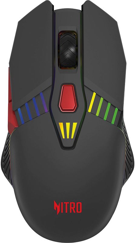Фото-1 Беспроводная мышь Acer Nitro OMR305, вид сверху на корпус; на фото видны основные кнопки, колесо прокрутки, центральная кнопка и логотип Nitro на спинке, цвет чёрный; изображение показывает базовую компоновку органов управления, что важно для карточки товара.