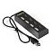 Фото-2 USB-хаб Exegate DUB-42SW, вид сверху под углом: четыре порта USB-A и четыре тумблера, подключенный кабель с разъёмом USB-A, чёрный; демонстрирует способ подключения к компьютеру и элементы управления.