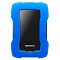 Фото-2 Внешний HDD ADATA HD330 2TB, фронтальный вид; синий текстурированный бампер вокруг чёрной глянцевой центральной панели, логотип ADATA и окно индикатора у нижнего торца