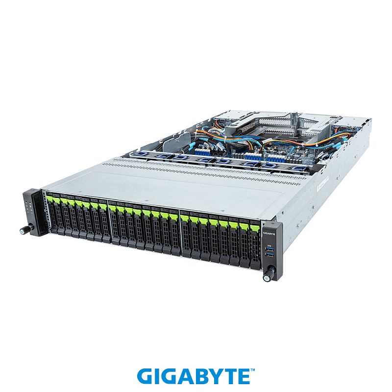 Фото-1 Серверная платформа Gigabyte R283-Z96 ACE1, вид спереди слева с открытой верхней частью корпуса; 2U шасси с 24 фронтальными корзинами 2,5 дюйма, чёрными лотками с зелёными защёлками и двумя USB-портами на правой стойке; изображение показывает компоновку дисковых отсеков и внутренние компоненты для страницы серверной платформы.