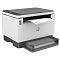 Фото-4 МФУ HP LaserJet Tank 1602w &mdash; вид спереди слева на белом фоне во время печати; лист выходит из верхнего выхода, передний лоток подачи выдвинут; важно для страницы товара, так как показывает путь бумаги и работу выдачи отпечатков.